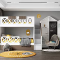 Kids Room Interior With White Yellow Bunk Bed House Shaped Furniture Chalkboard Wall And Rug
