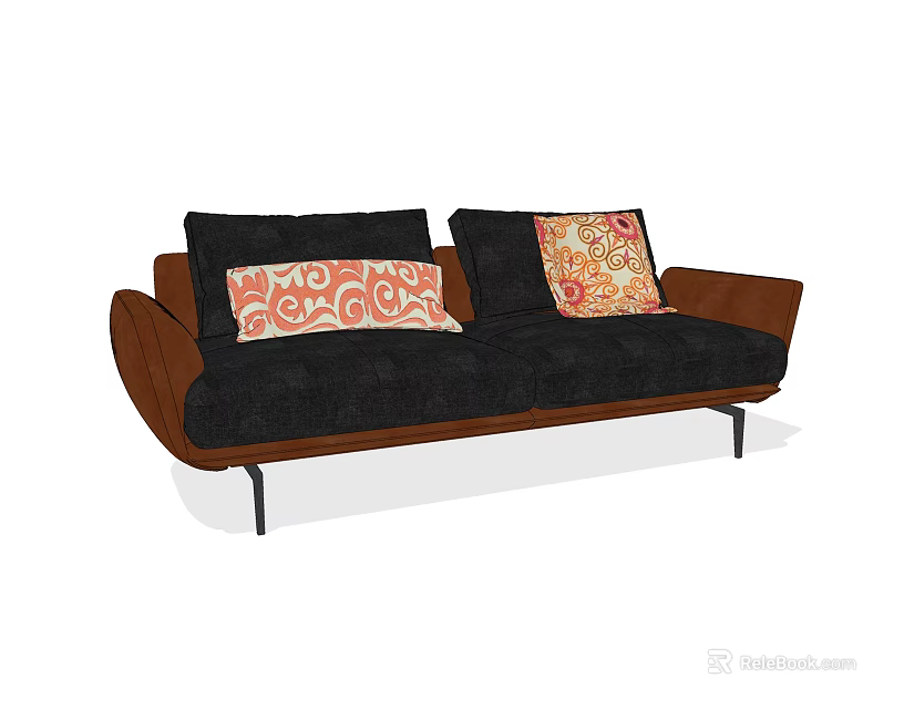 Black Upholstered Two Seater Sofa With Brown Armrests And Decorative Patterned Cushions 3d model