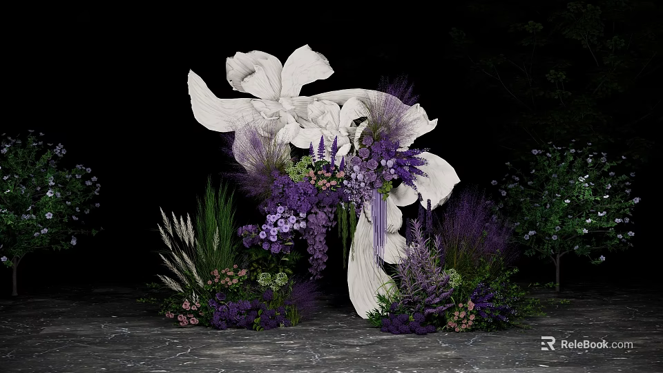 Elegant White Sculpture Decorated With Purple Flowers And Green Plants 3d model 