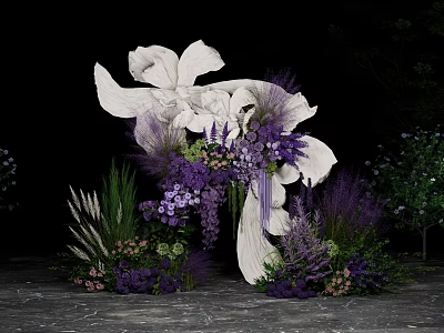 Elegant White Sculpture Decorated With Purple Flowers And Green Plants 3d model