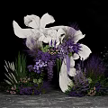 Elegant White Sculpture Decorated With Purple Flowers And Green Plants
