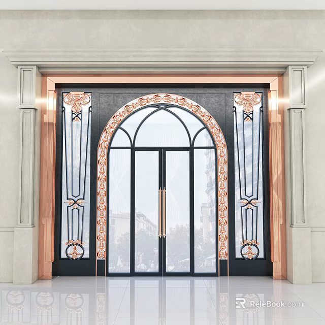 Elegant Double Doors Design With Copper Decorations Arched Glass Black Frame White Wall 3d model 