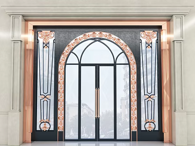 Elegant Double Doors Design With Copper Decorations Arched Glass Black Frame White Wall 3d model