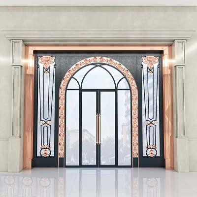 Elegant Double Doors Design With Copper Decorations Arched Glass Black Frame White Wall 3d model