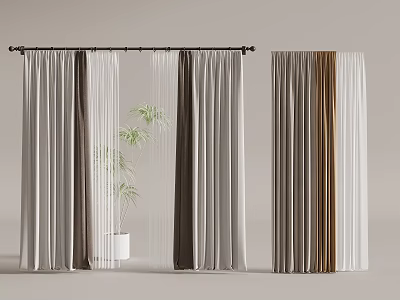Modern Window Curtains In Gray Brown White With Sheer Panels And Green Plant 3d model