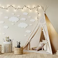 Indoor Kids Play Tepee Tent With Cloud Wall Decorations And String Lights 3d model