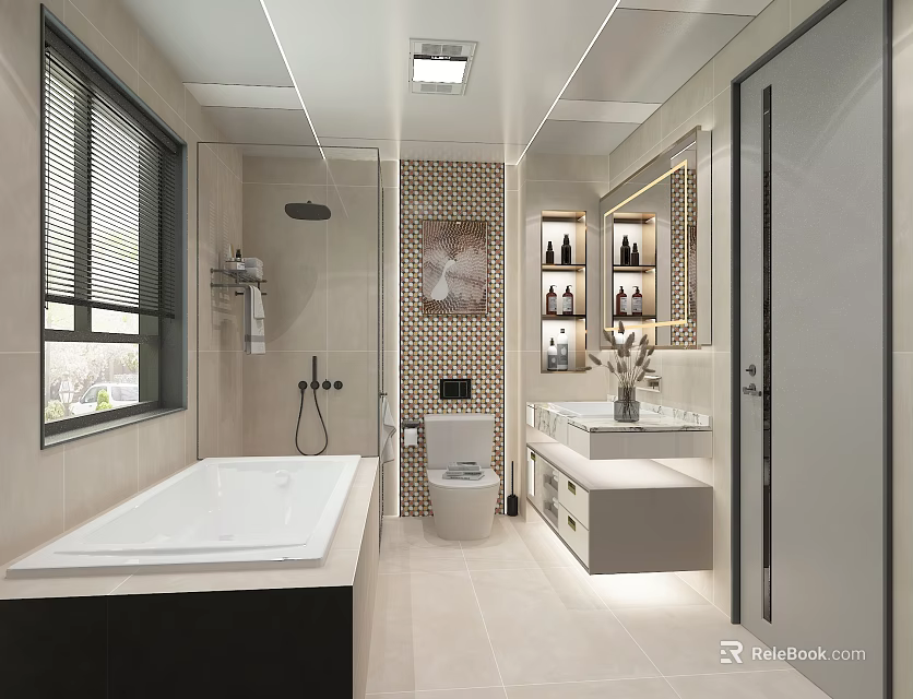 Modern Bathroom Interior Design With Bathtub Toilet Vanity Mirror And Shelves 3d model 