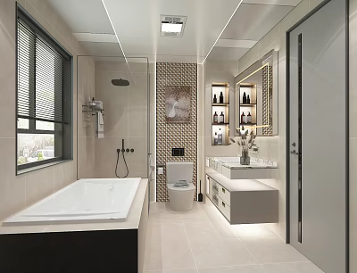 Modern Bathroom Interior Design With Bathtub Toilet Vanity Mirror And Shelves 3d model
