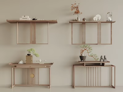 Modern Chinese Wooden Console Table Design With Decorative Plants And Ornaments 3d model