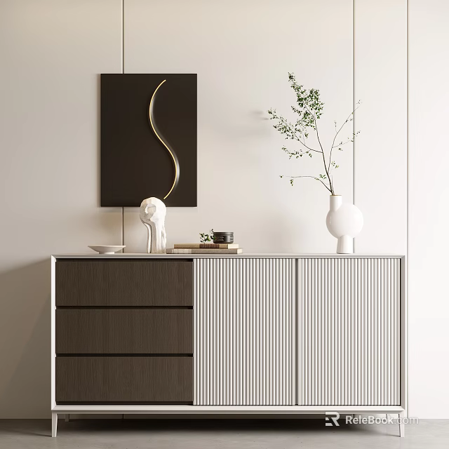 Modern Entryway Side Cabinet Interior With Ribbed Doors Drawers And Decorative Vase Plant Sculpture 3d model 