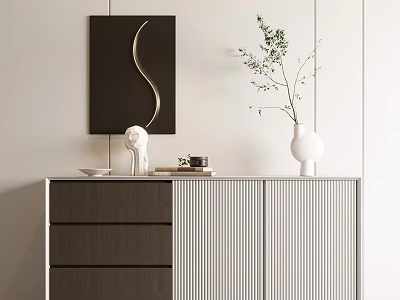 Modern Entryway Side Cabinet Interior With Ribbed Doors Drawers And Decorative Vase Plant Sculpture 3d model