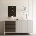 Modern Entryway Side Cabinet Interior With Ribbed Doors Drawers And Decorative Vase Plant Sculpture