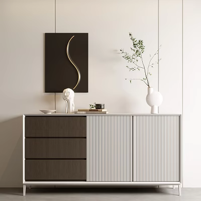 Modern Entryway Side Cabinet Interior With Ribbed Doors Drawers And Decorative Vase Plant Sculpture 3d model