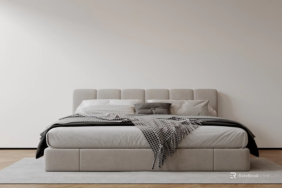 Modern Bedroom Interior Design With Gray Upholstered Bed Pillows And Blanket 3d model 