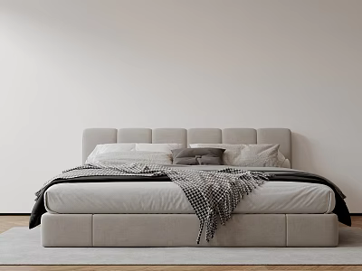 Modern Bedroom Interior Design With Gray Upholstered Bed Pillows And Blanket 3d model