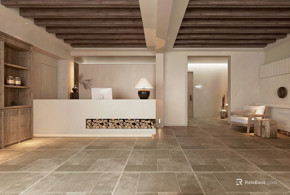 Hotel Lobby Interior With Wooden Ceiling Stone Floor Reception Desk With Wood Logs Lamp Sofa 3d model 
