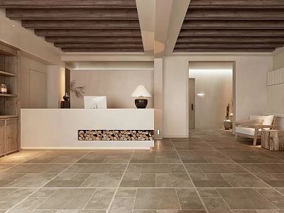 Hotel Lobby Interior With Wooden Ceiling Stone Floor Reception Desk With Wood Logs Lamp Sofa 3d model