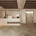 Hotel Lobby Interior With Wooden Ceiling Stone Floor Reception Desk With Wood Logs Lamp Sofa