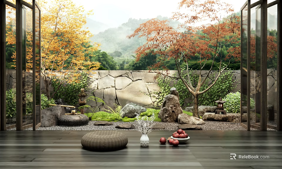 Courtyard Garden with Autumn Trees Decorative Stones Green Plants Wooden Flooring and Round Woven Cushion 3d model 