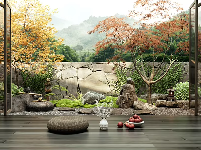 Courtyard Garden with Autumn Trees Decorative Stones Green Plants Wooden Flooring and Round Woven Cushion 3d model