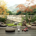 Courtyard Garden with Autumn Trees Decorative Stones Green Plants Wooden Flooring and Round Woven Cushion