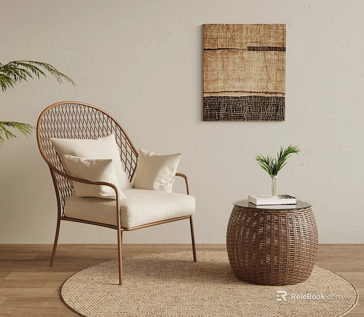 Rattan Leisure Chair With Beige Cushion Rattan Side Table Potted Plant And Wall Art 3d model 