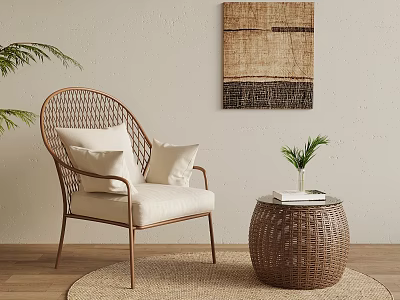 Rattan Leisure Chair With Beige Cushion Rattan Side Table Potted Plant And Wall Art 3d model