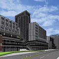 Modern Commercial Building Complex With Glass Facades And Connected Structures Under Blue Sky 3d model