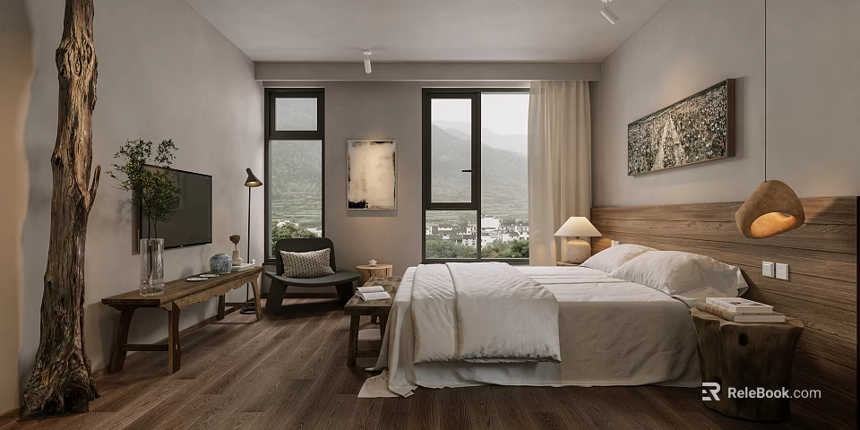 Hotel Guest Room Interior With Comfortable Bed Mountain View Windows Wooden Floor Chair Decorative Painting 3d model 
