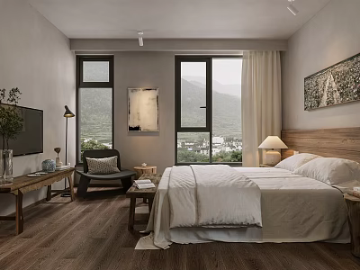 Hotel Guest Room Interior With Comfortable Bed Mountain View Windows Wooden Floor Chair Decorative Painting 3d model