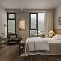 Hotel Guest Room Interior With Comfortable Bed Mountain View Windows Wooden Floor Chair Decorative Painting