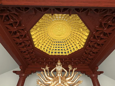 Traditional Ancient Architecture Featuring Red Wooden Structure Golden Caisson Ceiling And Intricate Carvings 3d model