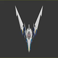 Futuristic Sci Fi Spaceship With Blue White Color Sharp Wings Red Core And Yellow Accents