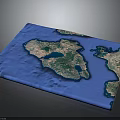 3D Terrain Model Showcasing Island Landmass Blue Ocean And Detailed Topographic Features