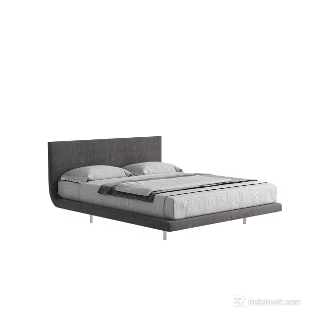Modern Double Bed With Upholstered Headboard Sleek Frame And Gray Bedding 3d model