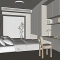 Minimalist Tatami Bedroom With Platform Bed Window Potted Plant Built in Cabinets And Study Desk Chair