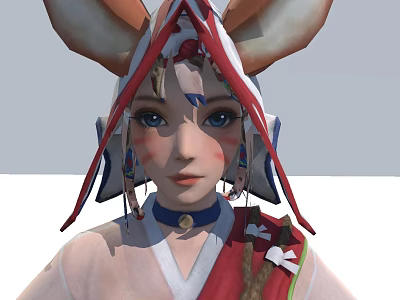 Anime Game Character With Big Ears Ornate Headpiece Blue Eyes And Red White Traditional Outfit 3d model