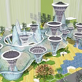 Modern Square Landscape With Curved Glass Architectural Structures Water Feature And Lush Greenery