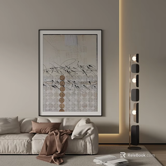 Framed Landscape Painting With Abstract Lines Circular Patterns In Living Room Interior Sofa Floor Lamp 3d model 