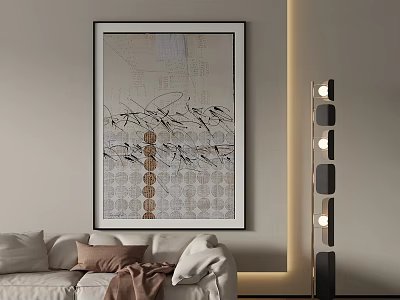 Framed Landscape Painting With Abstract Lines Circular Patterns In Living Room Interior Sofa Floor Lamp 3d model