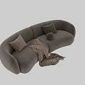 Gray Curved Double Sofa With Soft Fabric Pillows And Throw Blanket 3d model