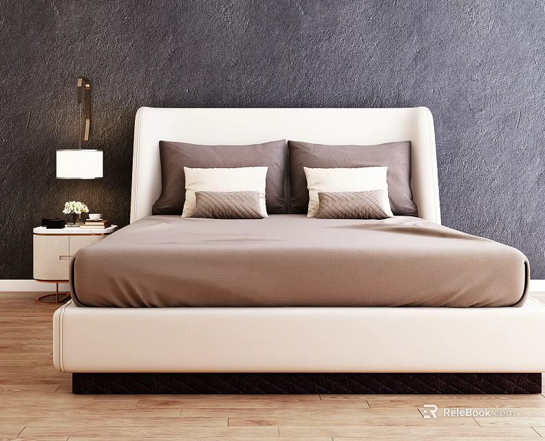 Modern White Double Bed with Brown Bedding Nightstand in Dark Gray Wall Wooden Floor Bedroom 3d model 