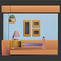 Colorful 3D Cartoon Bedroom Scene With Pink Bed Nightstand Lamp Window Shelf Potted Plant