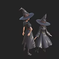 Two Witch Characters Standing In Black Robes With Pointed Hats Belts And Boots