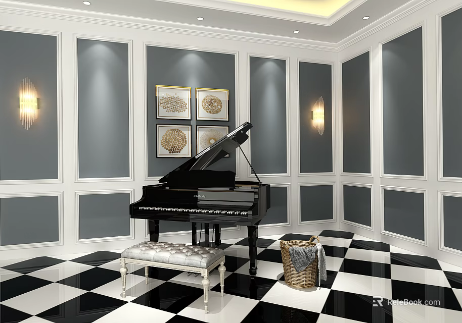 Stylish Room Interior With Black Piano And Decorative Paintings On Gray Walls 3d model 