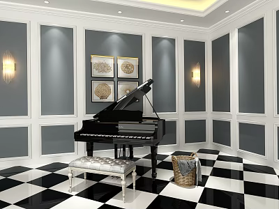 Stylish Room Interior With Black Piano And Decorative Paintings On Gray Walls 3d model