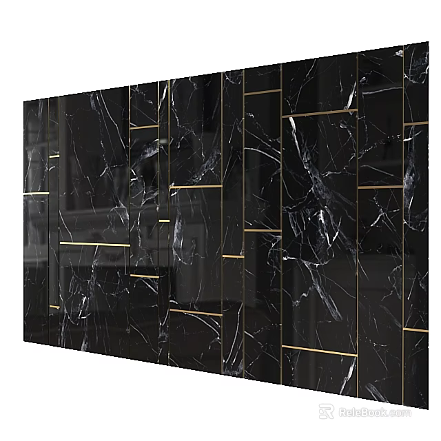 Modern Luxurious Sofa Backdrop Wall With Black Marble Texture And Gold Lines Decor 3d model