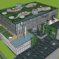 Modern Sales Office Building With Glass Curtain Wall Green Roof And Landscaped Water Feature Garden