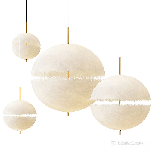 Three Modern Spherical Pendant Lights With White Fabric Shades And Gold Rods 3d model 