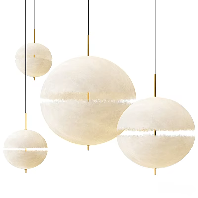 Three Modern Spherical Pendant Lights With White Fabric Shades And Gold Rods 3d model